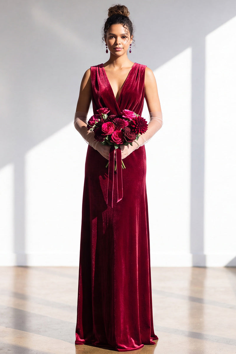 Load image into Gallery viewer, Dark Green Sheath Velvet V-Neck Ruched Long Wedding Guest Dress