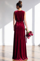 Load image into Gallery viewer, Dark Green Sheath Velvet V-Neck Ruched Long Wedding Guest Dress
