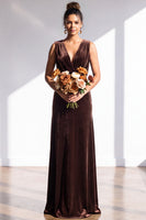 Load image into Gallery viewer, Dark Green Sheath Velvet V-Neck Ruched Long Wedding Guest Dress