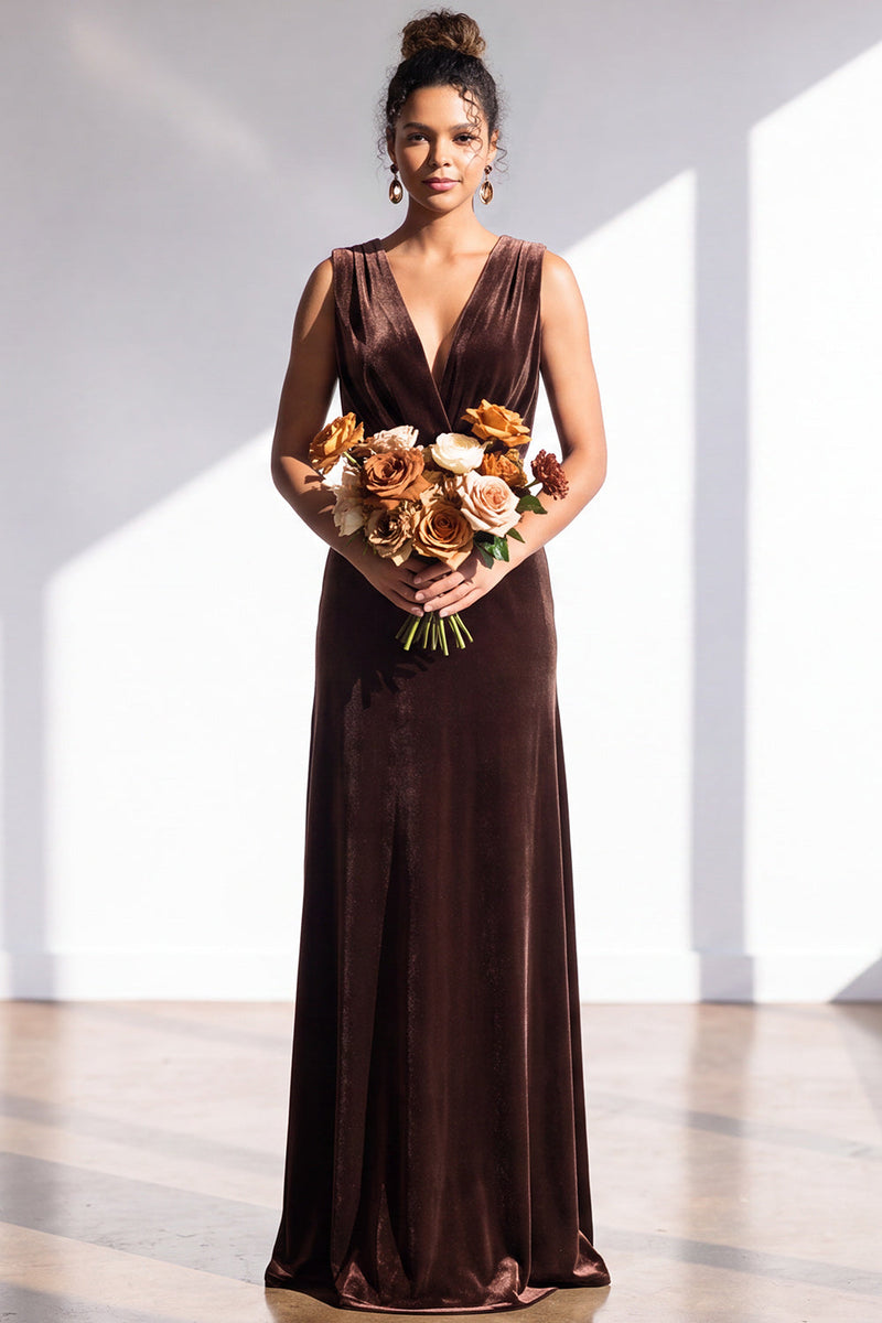 Load image into Gallery viewer, Dark Green Sheath Velvet V-Neck Ruched Long Wedding Guest Dress