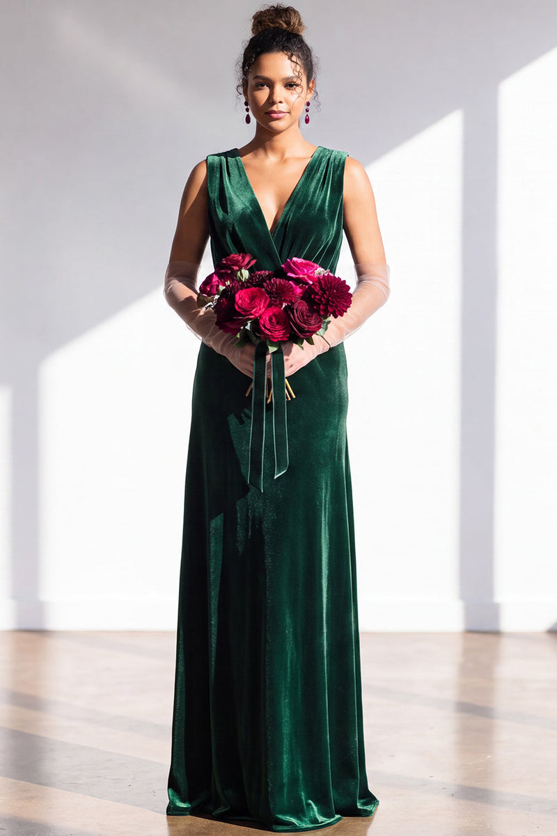 Load image into Gallery viewer, Dark Green Sheath Velvet V-Neck Ruched Long Wedding Guest Dress
