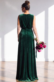 Dark Green Sheath Velvet V-Neck Ruched Long Wedding Guest Dress