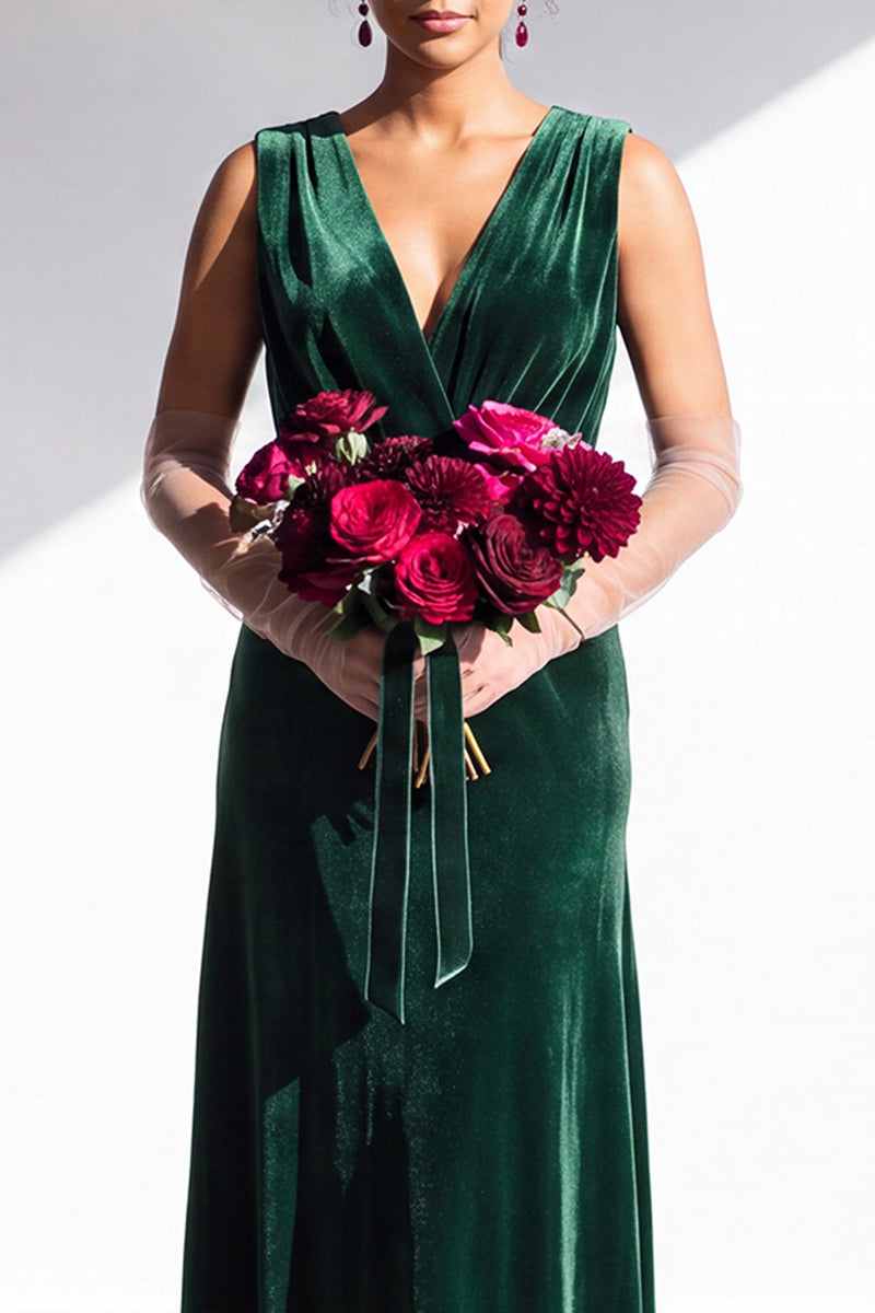 Load image into Gallery viewer, Dark Green Sheath Velvet V-Neck Ruched Long Wedding Guest Dress