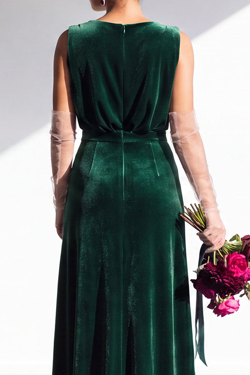 Load image into Gallery viewer, Dark Green Sheath Velvet V-Neck Ruched Long Wedding Guest Dress