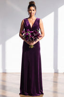 Load image into Gallery viewer, Dark Green Sheath Velvet V-Neck Ruched Long Wedding Guest Dress