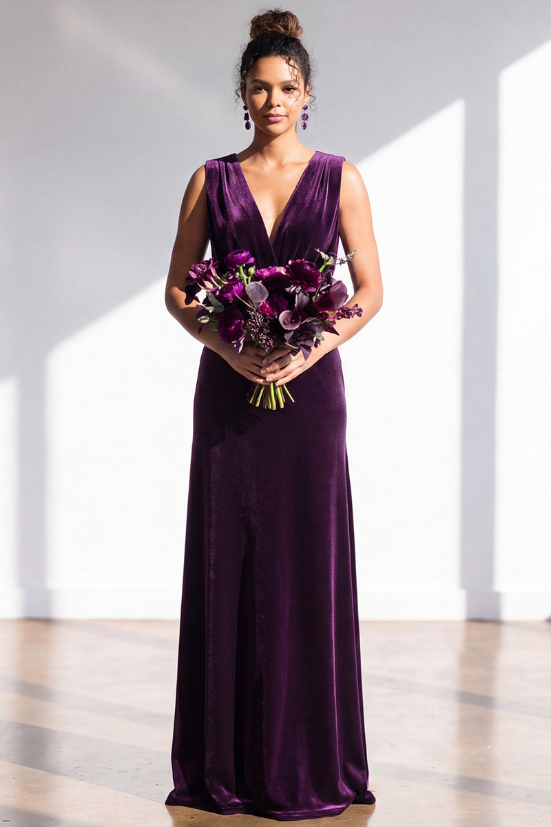 Load image into Gallery viewer, Dark Green Sheath Velvet V-Neck Ruched Long Wedding Guest Dress