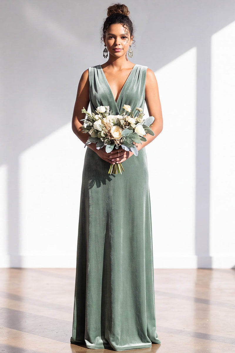 Load image into Gallery viewer, Dark Green Sheath Velvet V-Neck Ruched Long Wedding Guest Dress