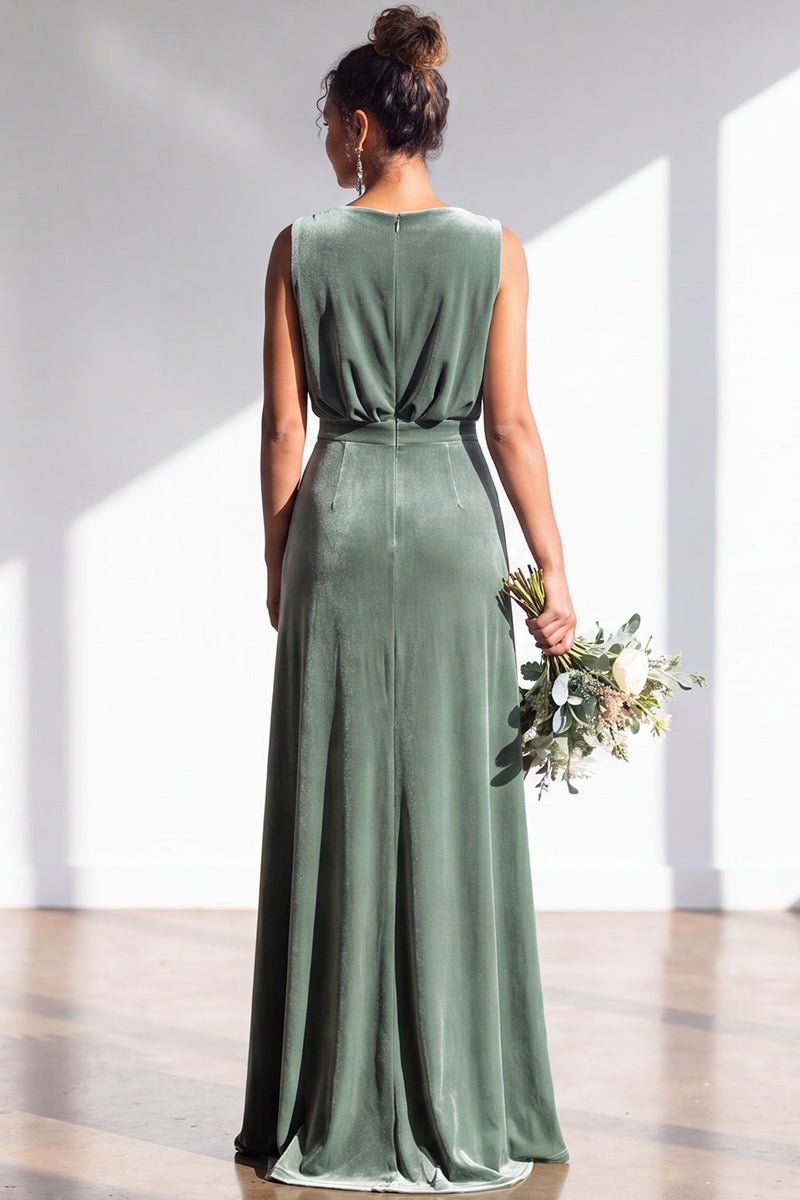 Load image into Gallery viewer, Dark Green Sheath Velvet V-Neck Ruched Long Wedding Guest Dress