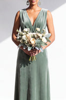 Load image into Gallery viewer, Dark Green Sheath Velvet V-Neck Ruched Long Wedding Guest Dress