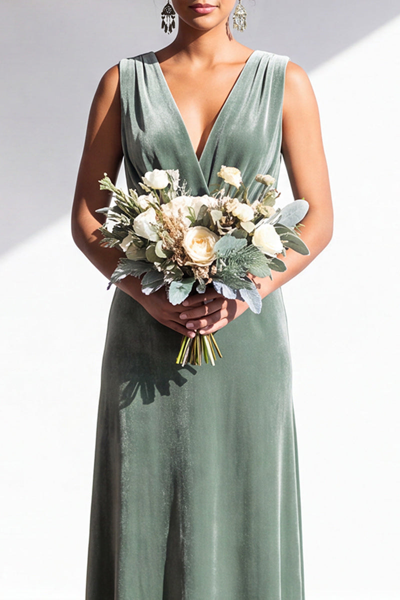 Load image into Gallery viewer, Dark Green Sheath Velvet V-Neck Ruched Long Wedding Guest Dress