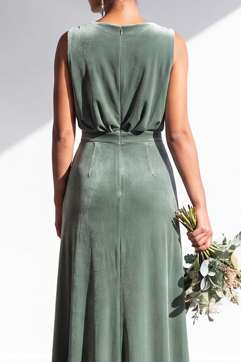 Load image into Gallery viewer, Dark Green Sheath Velvet V-Neck Ruched Long Wedding Guest Dress