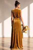 Load image into Gallery viewer, Dark Green Sheath Velvet V-Neck Ruched Long Wedding Guest Dress