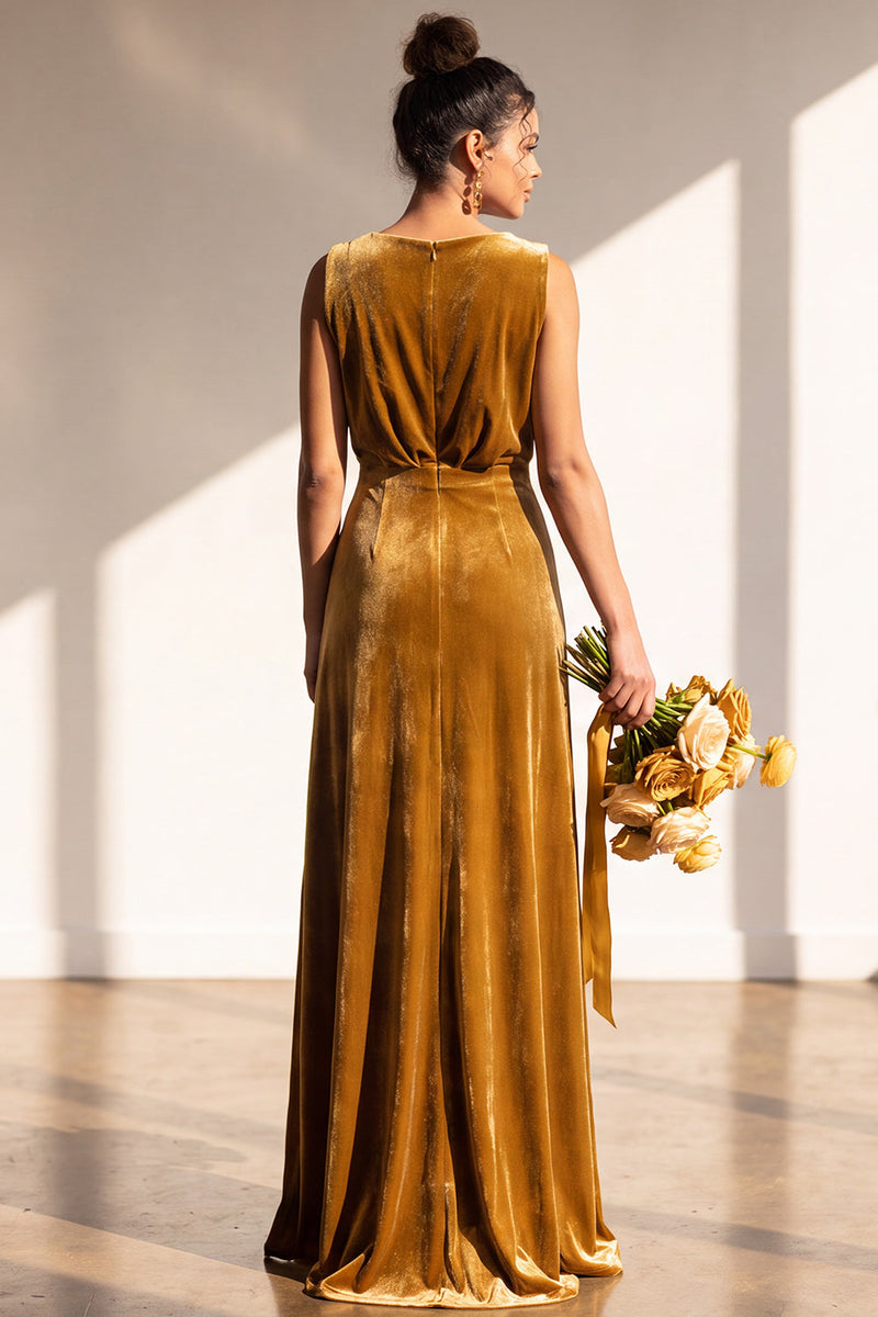 Load image into Gallery viewer, Dark Green Sheath Velvet V-Neck Ruched Long Wedding Guest Dress