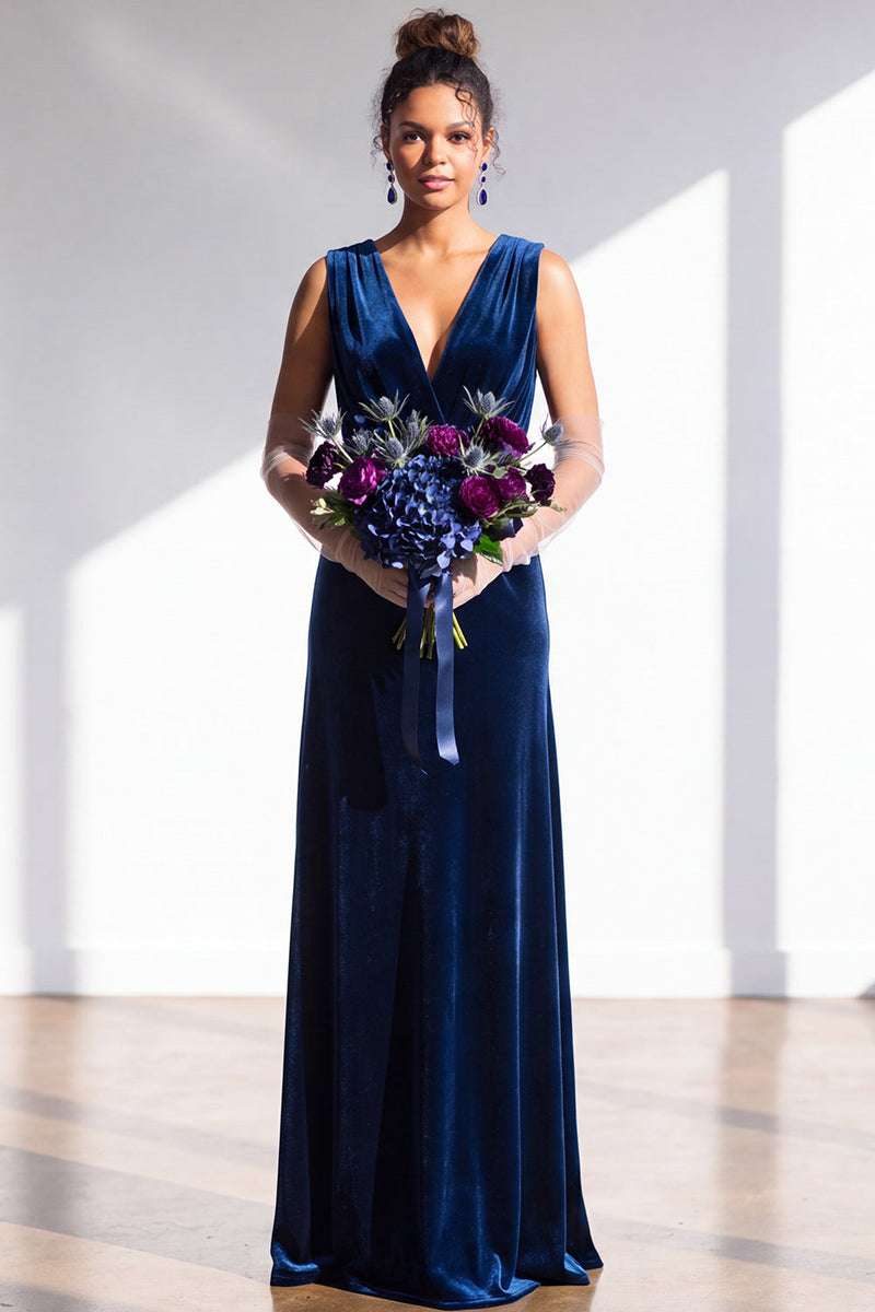 Load image into Gallery viewer, Dark Green Sheath Velvet V-Neck Ruched Long Wedding Guest Dress