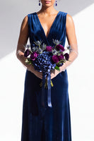 Load image into Gallery viewer, Dark Green Sheath Velvet V-Neck Ruched Long Wedding Guest Dress
