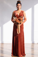 Load image into Gallery viewer, Dark Green Sheath Velvet V-Neck Ruched Long Wedding Guest Dress