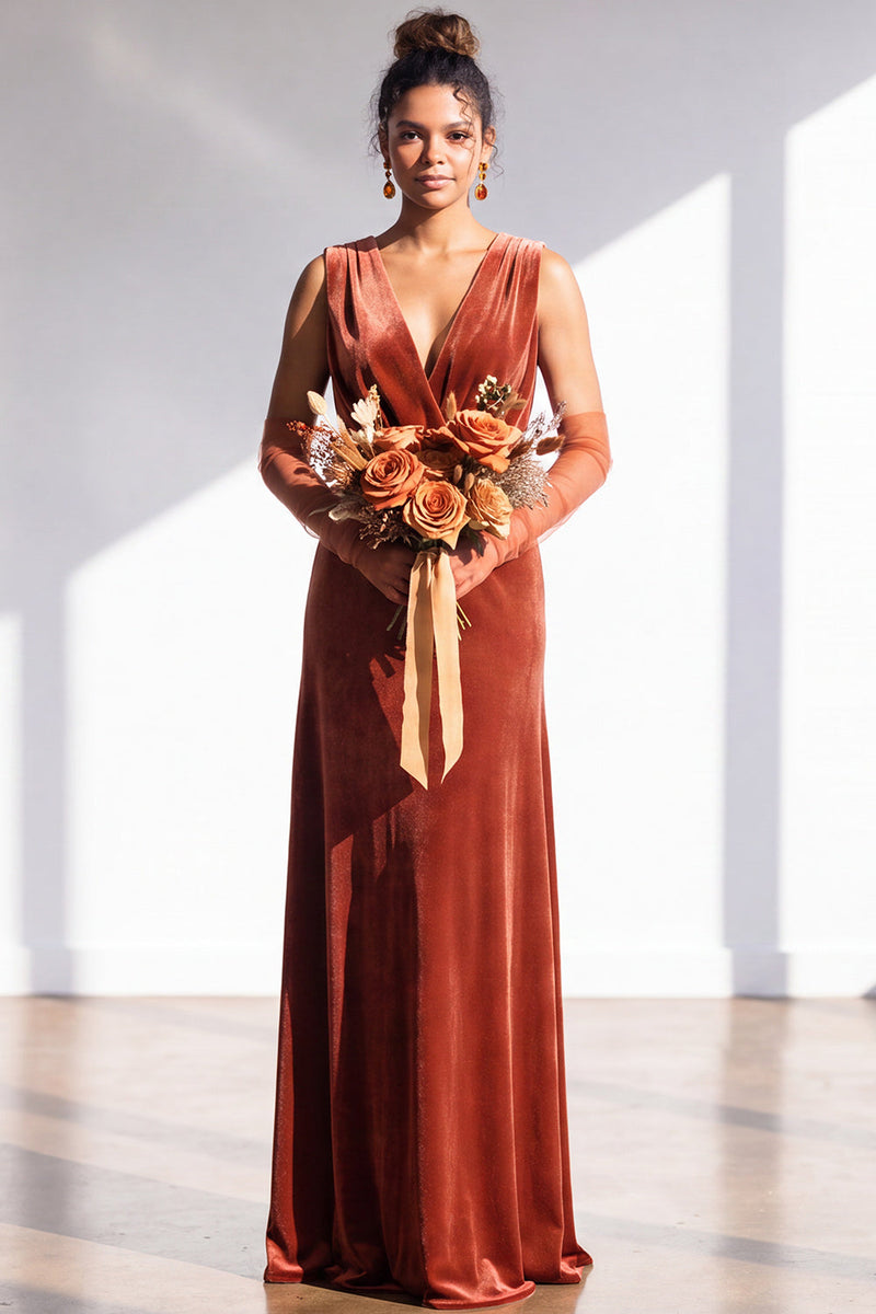 Load image into Gallery viewer, Dark Green Sheath Velvet V-Neck Ruched Long Wedding Guest Dress