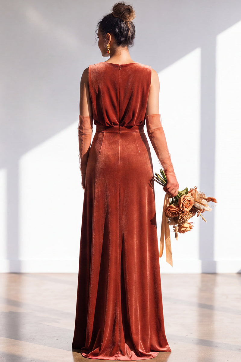 Load image into Gallery viewer, Dark Green Sheath Velvet V-Neck Ruched Long Wedding Guest Dress