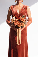 Load image into Gallery viewer, Dark Green Sheath Velvet V-Neck Ruched Long Wedding Guest Dress