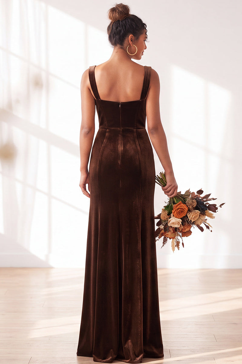 Load image into Gallery viewer, Golden Brown Sheath Velvet Maxi Wedding Guest Dress with Slit
