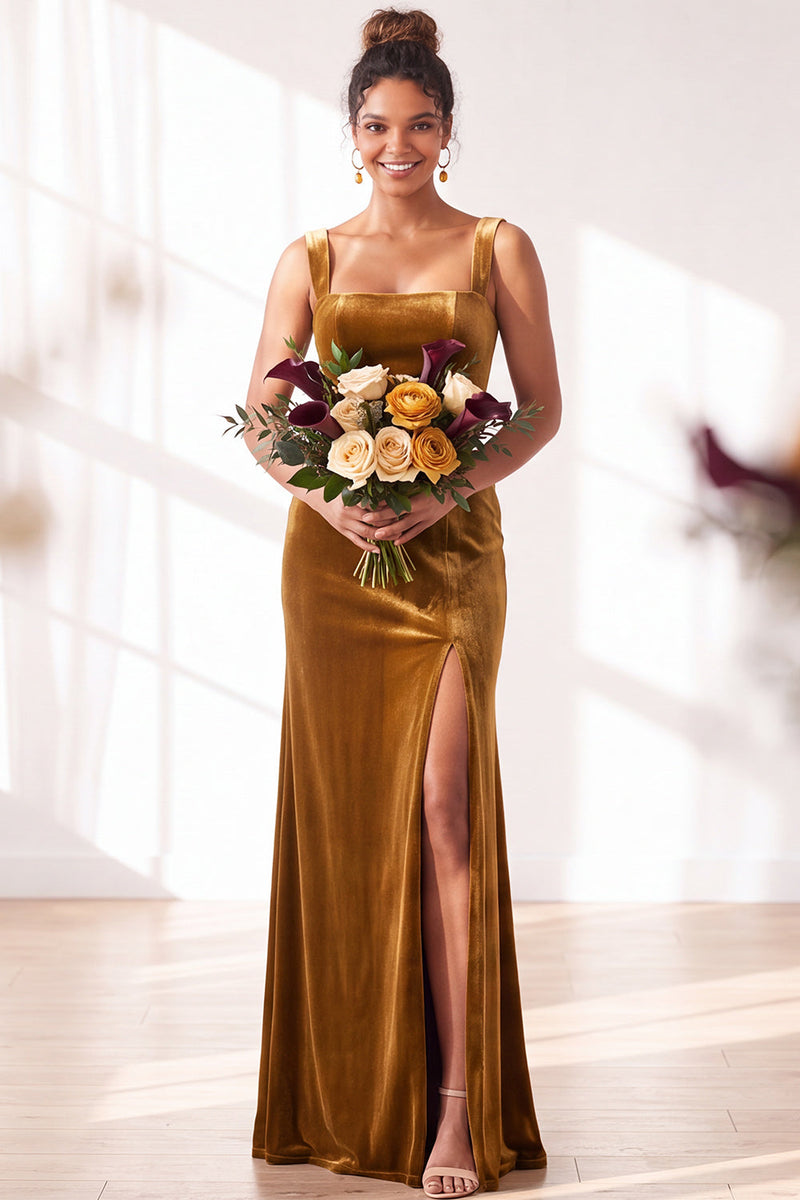 Load image into Gallery viewer, Golden Brown Sheath Velvet Maxi Wedding Guest Dress with Slit