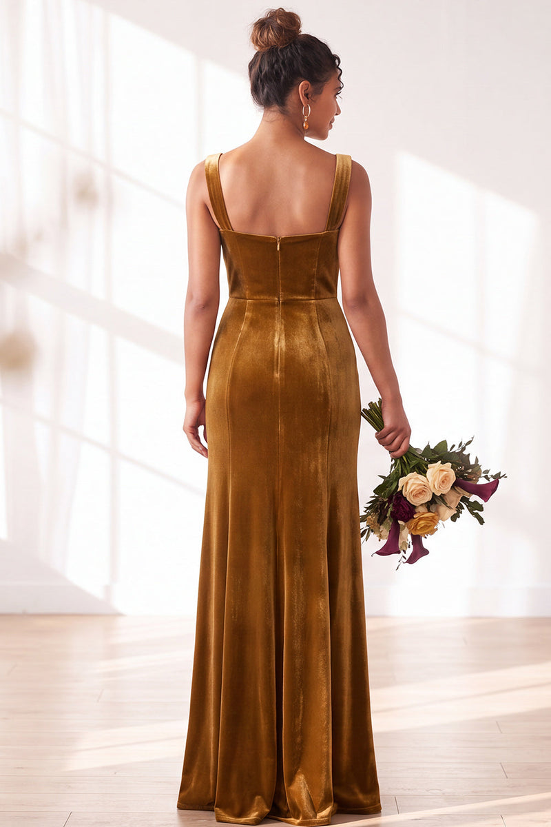 Load image into Gallery viewer, Golden Brown Sheath Velvet Maxi Wedding Guest Dress with Slit