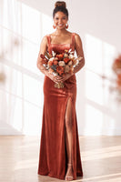 Load image into Gallery viewer, Golden Brown Sheath Velvet Maxi Wedding Guest Dress with Slit