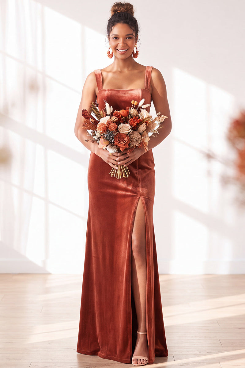 Load image into Gallery viewer, Golden Brown Sheath Velvet Maxi Wedding Guest Dress with Slit