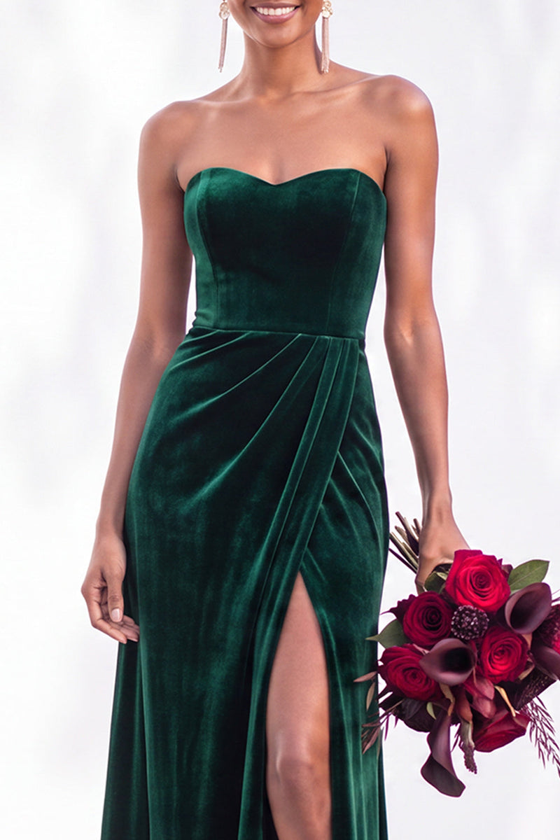 Load image into Gallery viewer, Burgundy Sweetheart Sheath Velvet Ruched Long Wedding Guest Dress with Slit