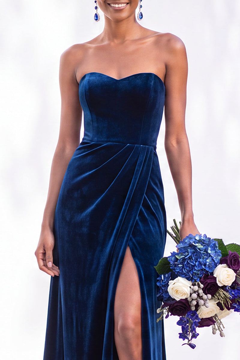 Load image into Gallery viewer, Burgundy Sweetheart Sheath Velvet Ruched Long Wedding Guest Dress with Slit