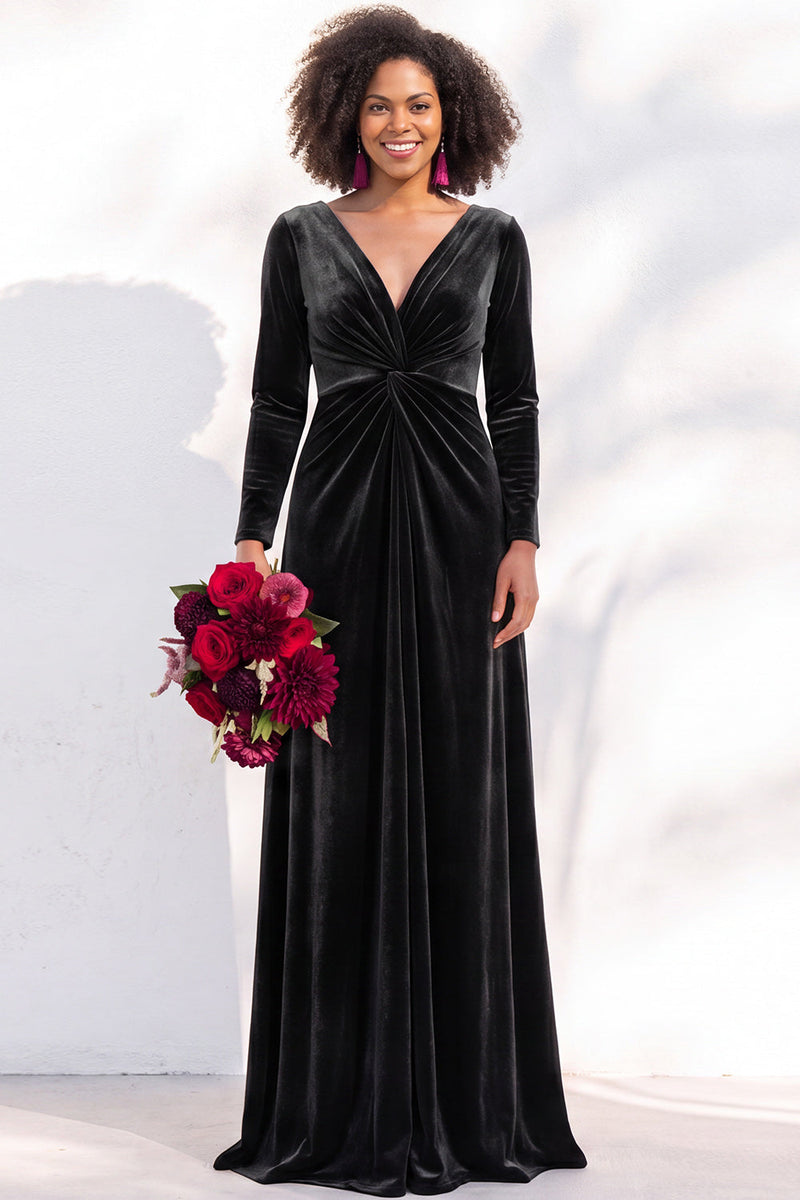 Load image into Gallery viewer, Dark Purple Velvet Ruched Sheath Long Wedding Guest Dress with Sleeves
