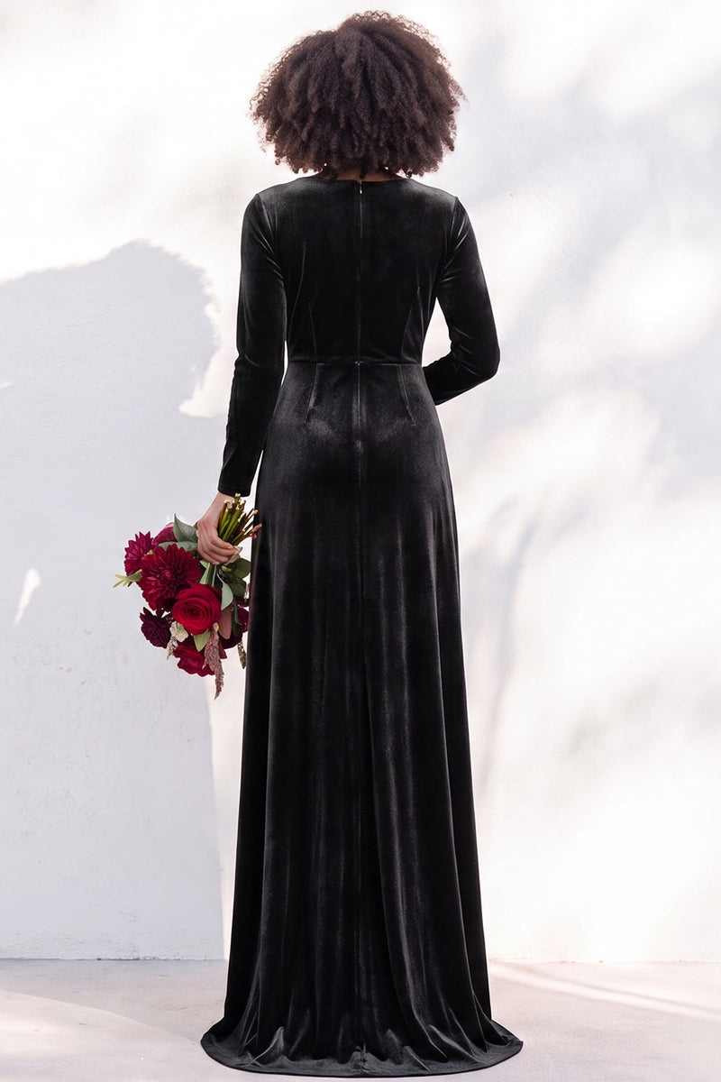 Load image into Gallery viewer, Dark Purple Velvet Ruched Sheath Long Wedding Guest Dress with Sleeves