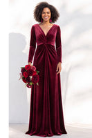 Load image into Gallery viewer, Dark Purple Velvet Ruched Sheath Long Wedding Guest Dress with Sleeves