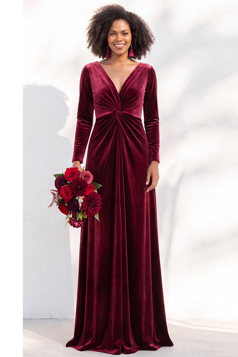 Load image into Gallery viewer, Dark Purple Velvet Ruched Sheath Long Wedding Guest Dress with Sleeves