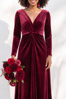 Load image into Gallery viewer, Dark Purple Velvet Ruched Sheath Long Wedding Guest Dress with Sleeves