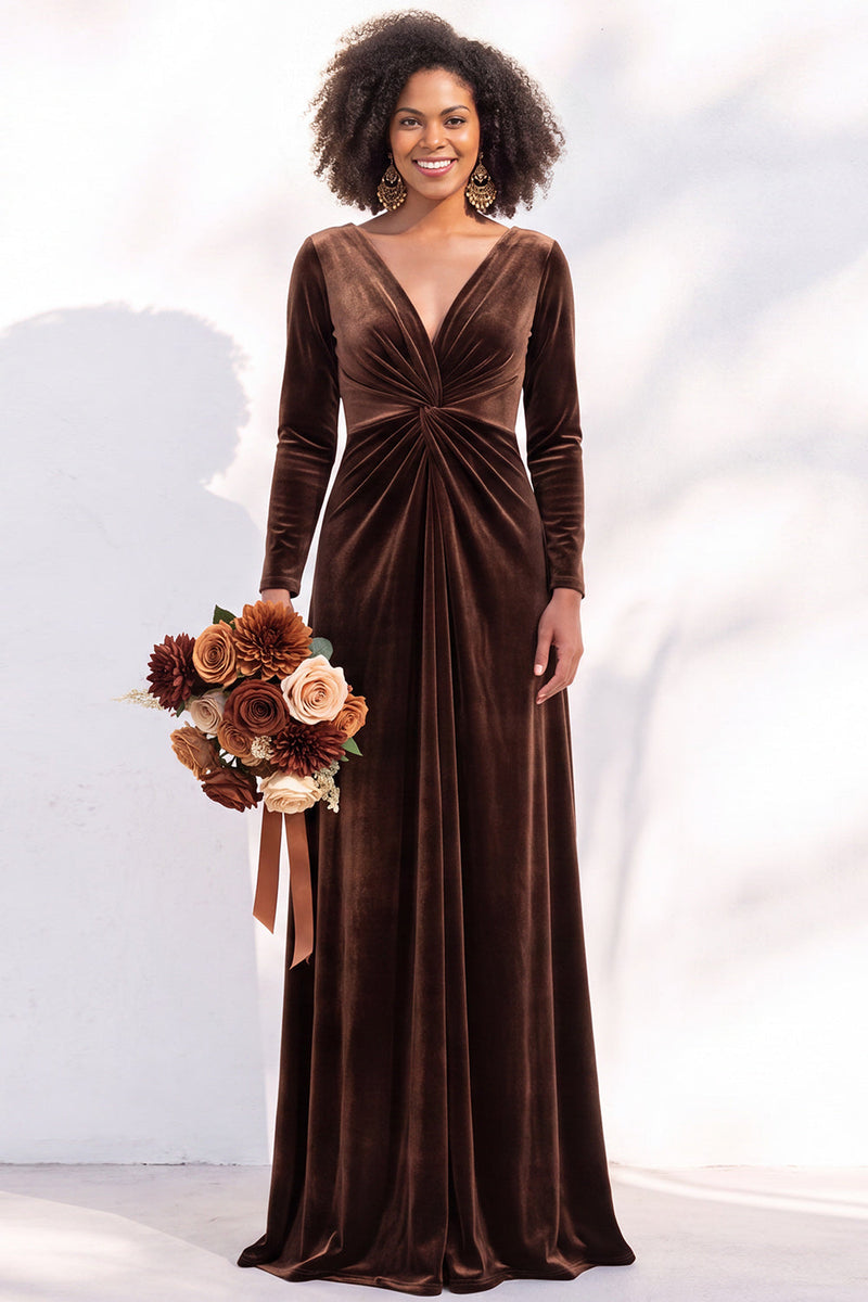 Load image into Gallery viewer, Dark Purple Velvet Ruched Sheath Long Wedding Guest Dress with Sleeves