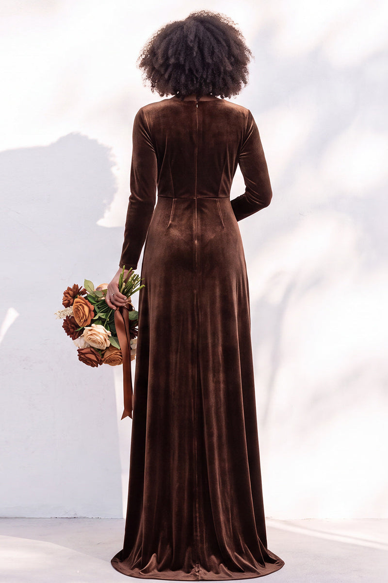 Load image into Gallery viewer, Dark Purple Velvet Ruched Sheath Long Wedding Guest Dress with Sleeves