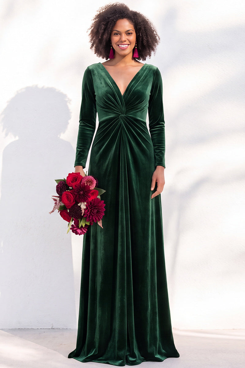 Load image into Gallery viewer, Dark Purple Velvet Ruched Sheath Long Wedding Guest Dress with Sleeves
