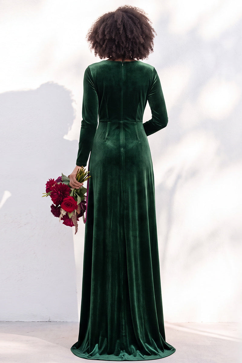 Load image into Gallery viewer, Dark Purple Velvet Ruched Sheath Long Wedding Guest Dress with Sleeves