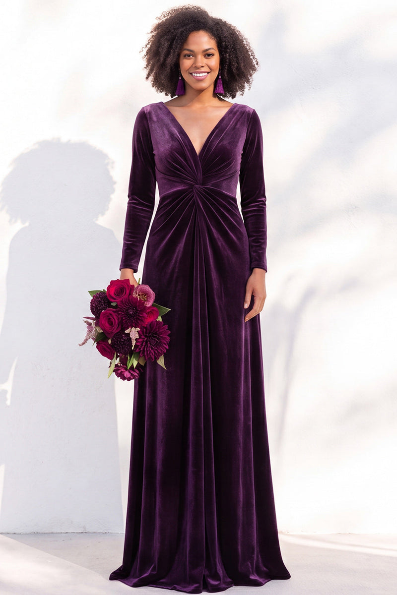 Load image into Gallery viewer, Dark Purple Velvet Ruched Sheath Long Wedding Guest Dress with Sleeves