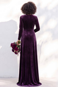 Dark Purple Velvet Ruched Sheath Long Wedding Guest Dress with Sleeves