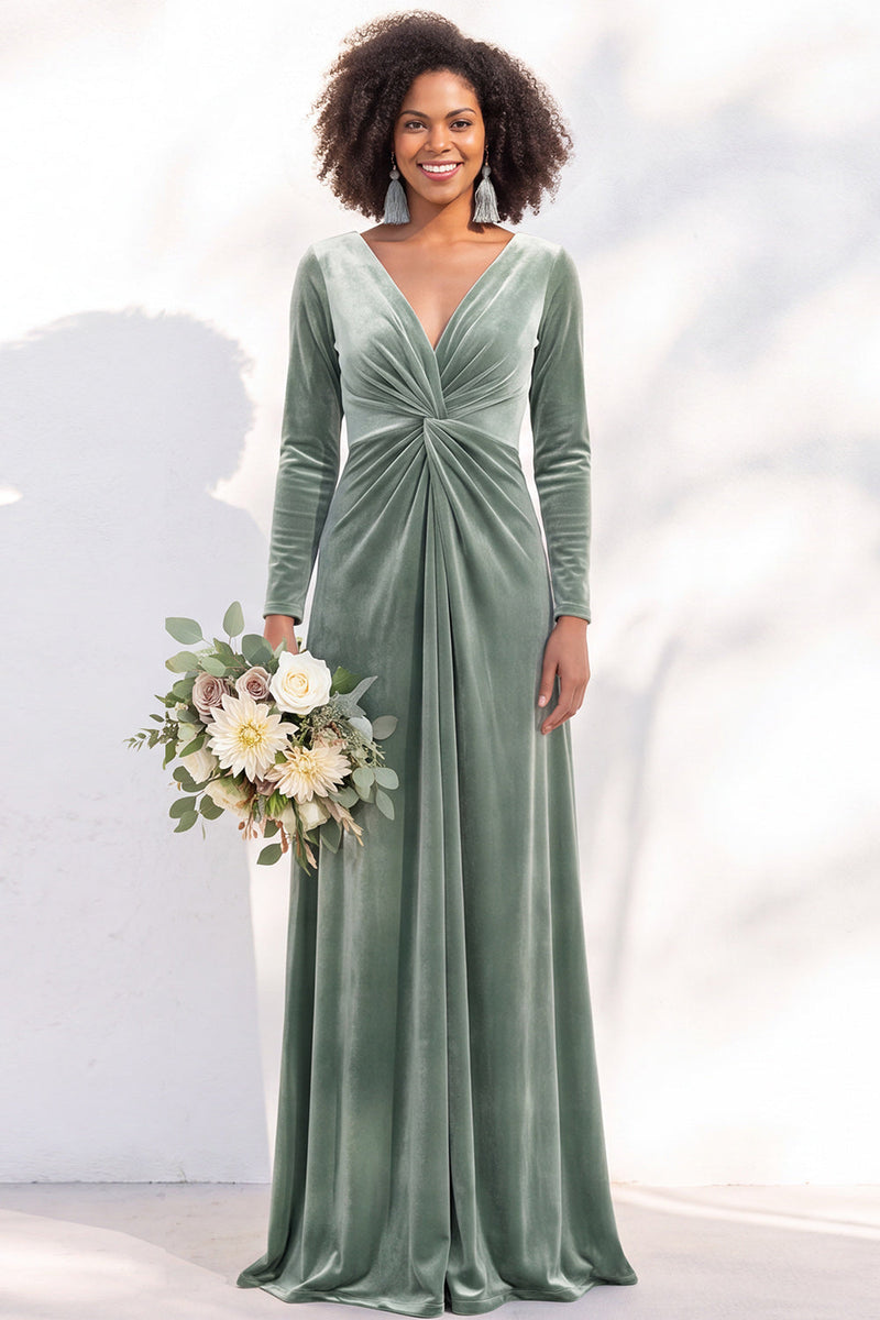 Load image into Gallery viewer, Dark Purple Velvet Ruched Sheath Long Wedding Guest Dress with Sleeves