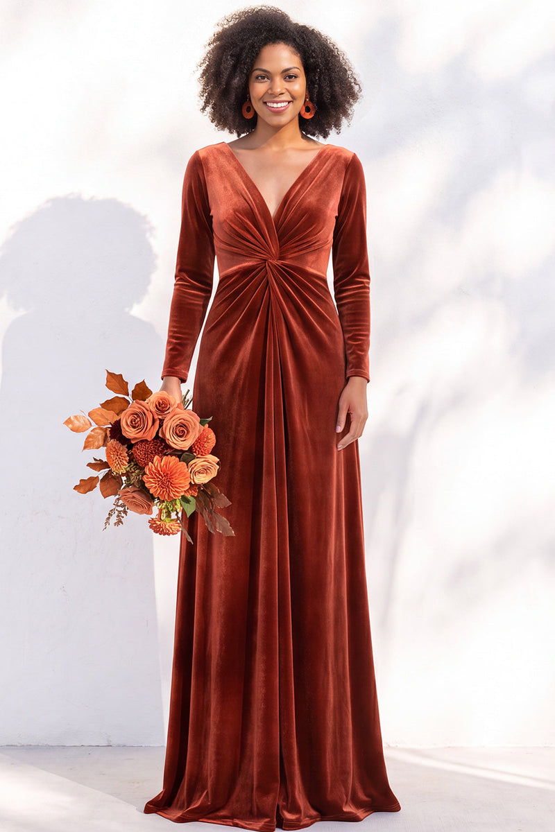 Load image into Gallery viewer, Dark Purple Velvet Ruched Sheath Long Wedding Guest Dress with Sleeves