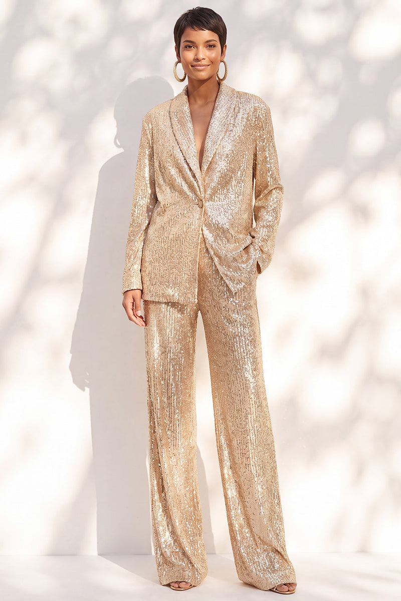 Load image into Gallery viewer, Sparkly Champagne Shawl Lapel Sequins 2 Piece Prom Suits