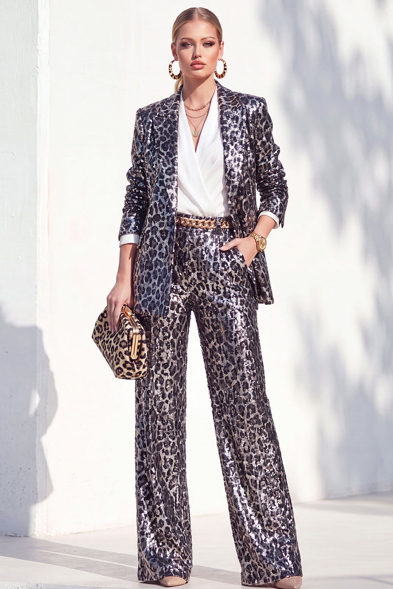 Load image into Gallery viewer, Sparkly Grey Leopard Print Peak Lapel 2 Piece Prom Suits