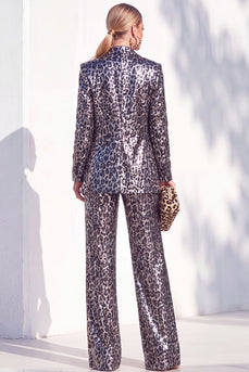 Sparkly Grey Leopard Print Peak Lapel 2 Piece Prom Suits