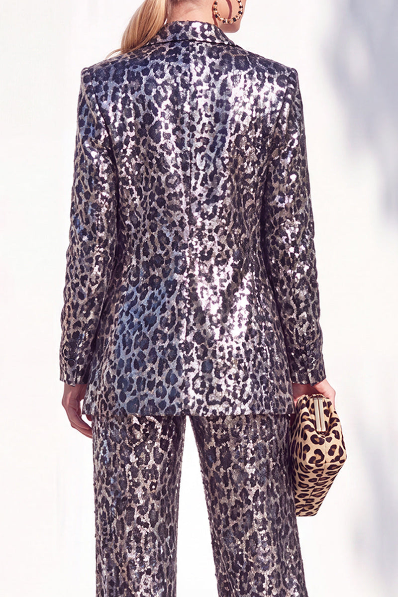 Load image into Gallery viewer, Sparkly Grey Leopard Print Peak Lapel 2 Piece Prom Suits