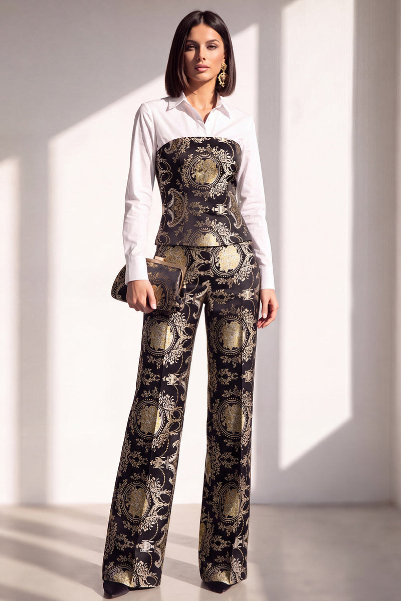 Load image into Gallery viewer, Black Silver Floral Lapel Wide Leg 2 Piece Prom Suits