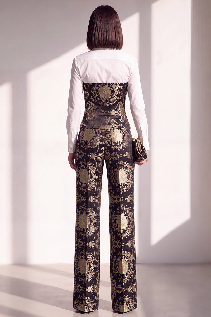 Load image into Gallery viewer, Black Silver Floral Lapel Wide Leg 2 Piece Prom Suits