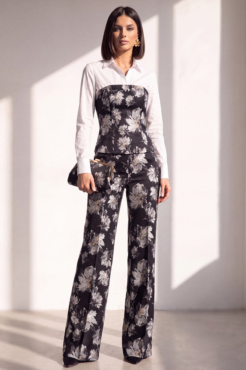 Load image into Gallery viewer, Black Silver Floral Lapel Wide Leg 2 Piece Prom Suits
